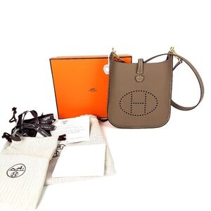 Authentic New HERMES Mini Evelyne Sellier TPM 16 Etoupe Leather Crossbody Bag